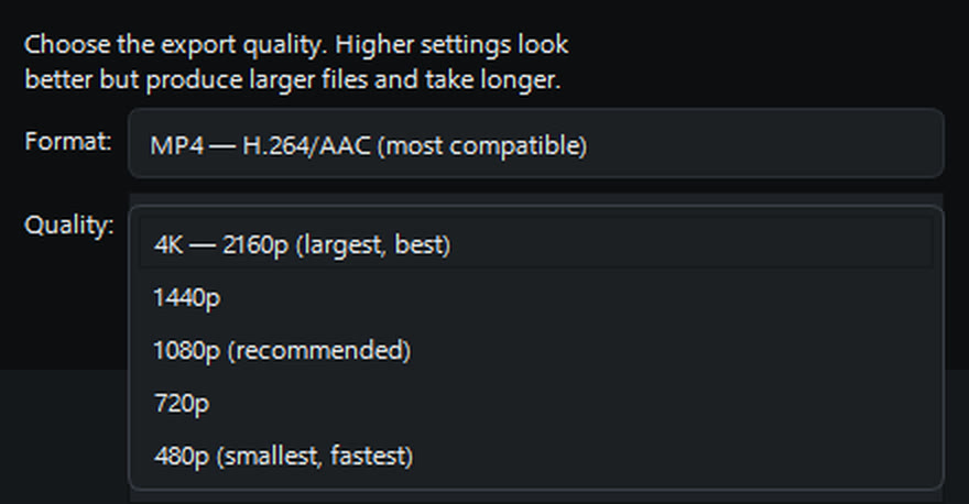 The export dialog with its quality list open, showing 4K 2160p,
                1440p, 1080p, 720p and 480p, above a format set to MP4 with
                H.264 and AAC.